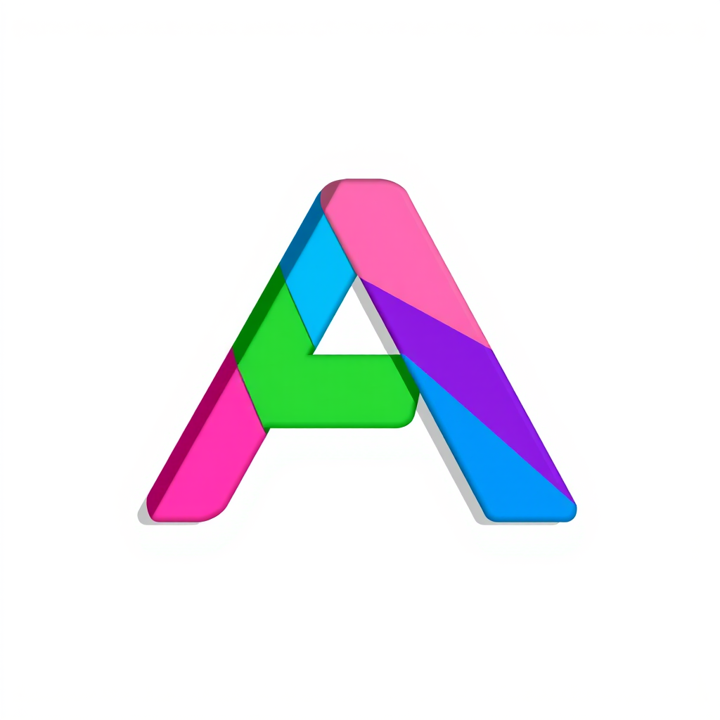 Regenerate an abstract logo design featuring a three-dimensional letter A composed of blue, green, pink, and purple sections with shadows for depth, using a Canon EOS R5 camera, 50mm lens, f/1.8 aperture, ISO 100, in natural lighting, with a crisp focus on the subject against a plain white background.