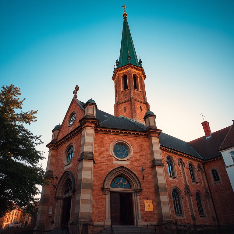 regenerate image of a historic church with a green spire under a clear blue sky, use a DSLR camera with a 24mm lens, aperture set to f/8 for depth of field, ISO 200 for clarity, and a low-angle shot to capture the height and details of the architecture, golden hour lighting for warm tones