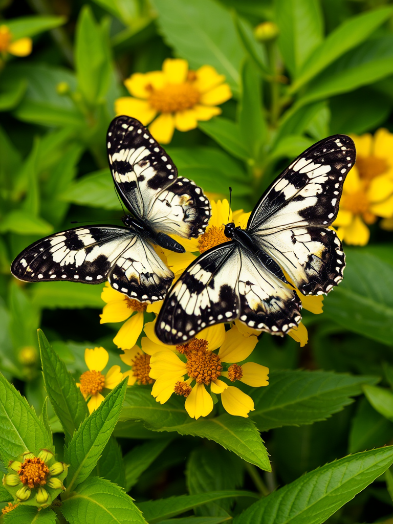 Create an image of two black and white patterned butterflies perched on vibrant yellow flowers surrounded by lush green leaves, capturing the beauty of nature in a close-up view.