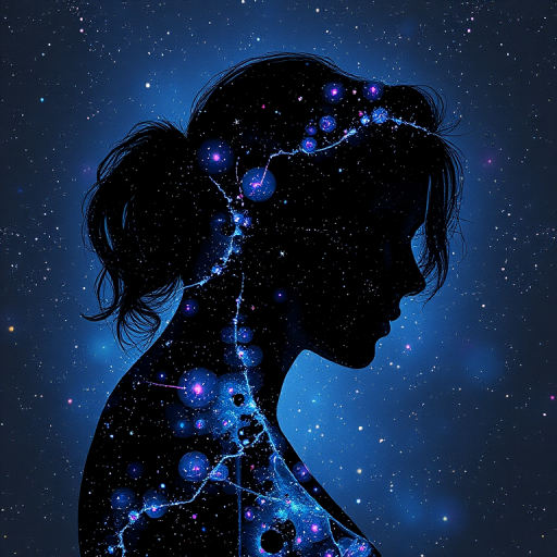 Captivating conceptual render alcohol ink art, double exposure, the paint strokes artfully merge combining a woman's full silhouette with a Cute koala's silhouette. The figures are composed of a series of colored dots, lines & spots that evoke the image of a cosmic galaxy, colors are deep shades of blue purple & black with flashes of white & silver representing distant stars. The woman's silhouette is formed within the lion's silhouette from constellations of scattered stars, surreal