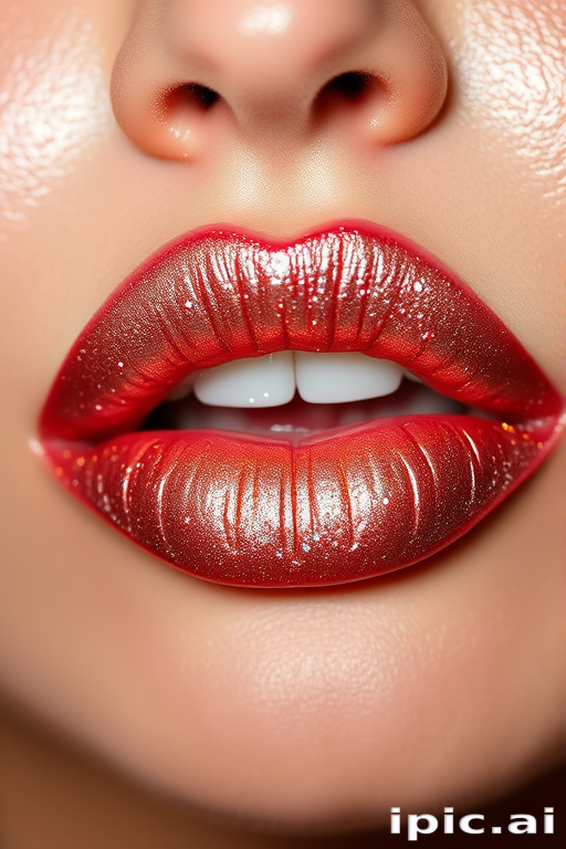 Metallic rose gold "Champagne Kiss" lip gloss with holographic sparkles, providing a multi-dimensional shine and hydrating properties for a glamorous night out
