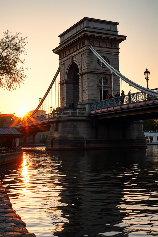Regenerate a scenic view of a historical bridge with people walking, captured during golden hour, using a DSLR camera, 24mm lens, f/8 aperture, ISO 200, 1/125 shutter speed, from a low angle to emphasize the bridge and reflections in the water.