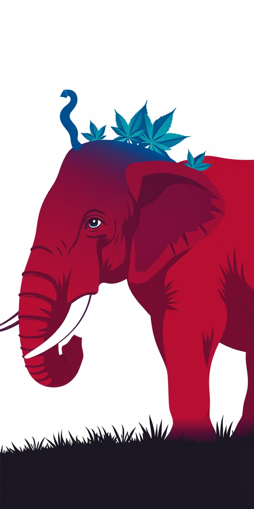 Create an illustration of an elephant silhouette with a blue hat featuring three cannabis leaf designs and a red body, using a digital camera with a focal length of 50mm, aperture set to f/2.8, and a high-resolution setting for enhanced image quality.