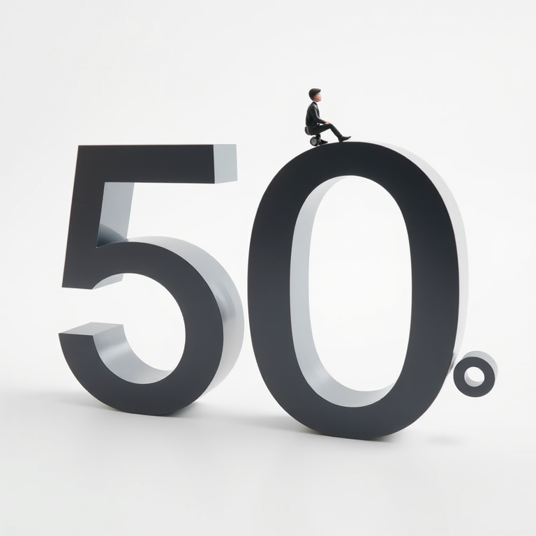 Create an image of a stylized 50% with a small figure sitting on the number, using a soft white background, shot at f/8 aperture, ISO 100, 1/200 second shutter speed, in a studio setting with a DSLR camera and a 50mm lens for sharp focus and clarity.