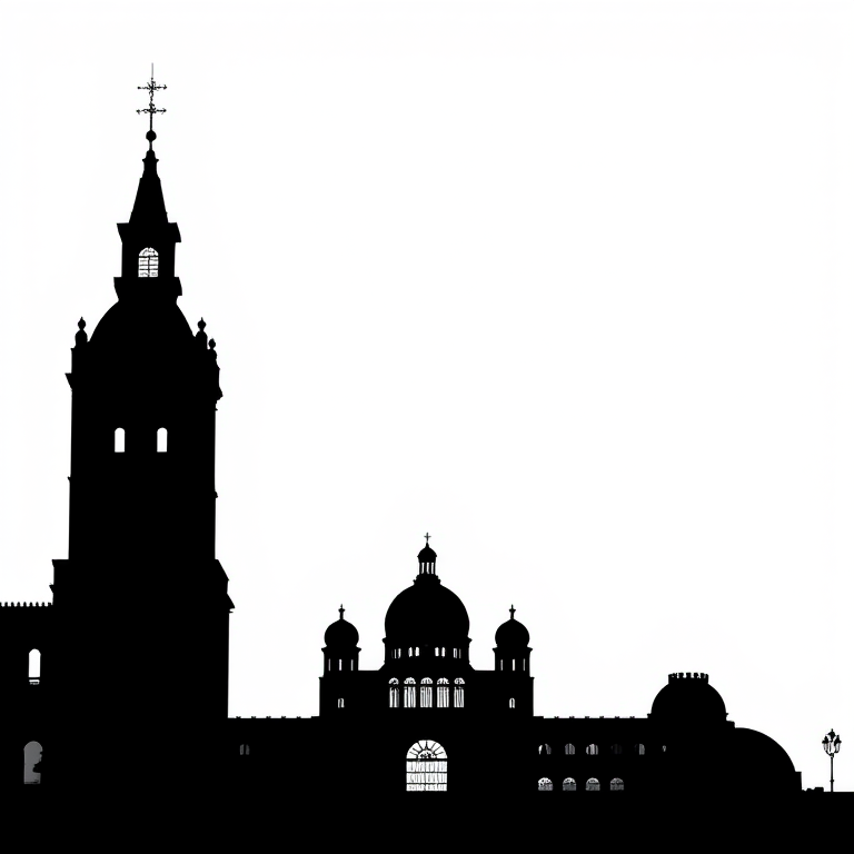 Create a high-resolution image of a minimalistic black silhouette of a famous landmark against a white background, captured with a DSLR camera at 50mm, f/1.8 aperture, ISO 100, natural lighting, from a straight-on view.
