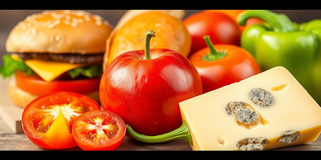 Generate an image of various food items including a burger, loaf of bread, an apple, an orange, a tomato, a piece of cheese, and a green pepper with visible mold, focus on bright colors and detailed texture, use a DSLR camera with a 50mm lens, aperture set to f/2.8, ISO 100, shot in natural light for enhanced quality.