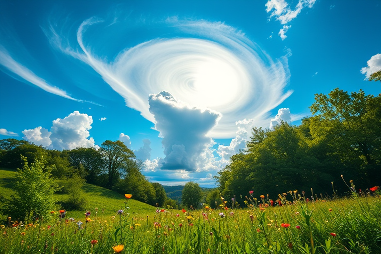 Create a vibrant landscape featuring bright clouds and a swirling sun in a blue sky, with lush green trees and colorful wildflowers in the foreground, captured with a DSLR camera at f/8 aperture, 24mm lens, ISO 200, and a wide-angle view.