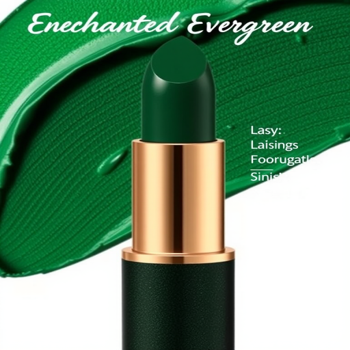 Deep forest green lipstick with a satin finish, titled "Enchanted Evergreen," boasting a long-lasting formula and subtle metallic sheen