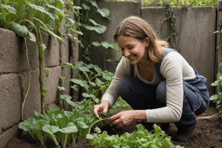 Overgrown city garden, hidden behind crumbling walls, a woman tends to a patch of vegetables, her hands dirty with soil as she smiles at her small, flourishing sanctuary.