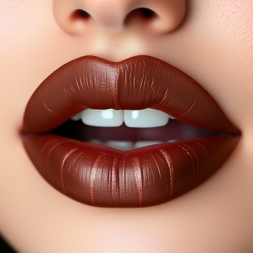 Rich chocolate brown lips with rose gold highlights, called "Cocoa Luxe," boast a creamy texture and moisturizing properties, ideal for fall fashion and cozy winter gatherings