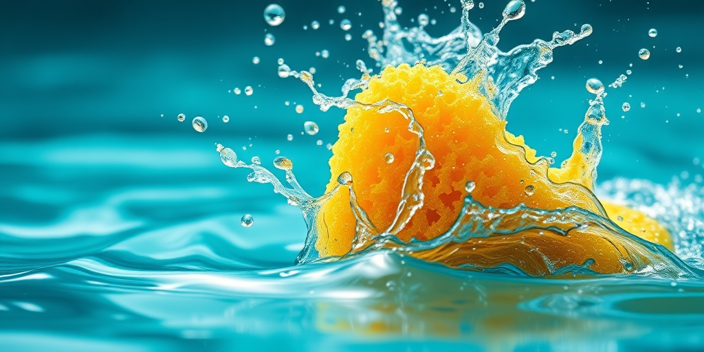 A close-up illustration of a yellow sponge splashing into turquoise water, high dynamic range, aperture f/2.8, shutter speed 1/500s, ISO 100, shot with a DSLR camera, soft focus background to enhance details.