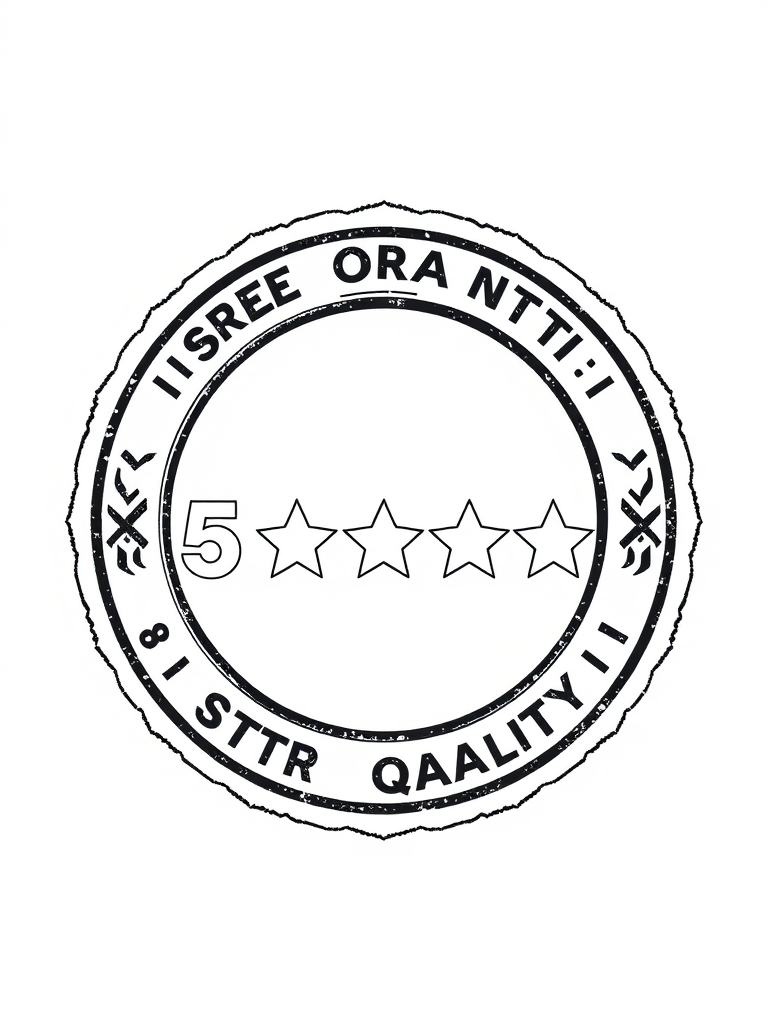 Create a high-resolution vector graphic of a vintage 5-star quality stamp design, featuring a circular shape with intricate borders, a smooth texture, and a blank center for customization, shot from a straight-on perspective with a Canon EOS R5 camera, at f/8 aperture, ISO 100, and 50mm lens for sharp detail.