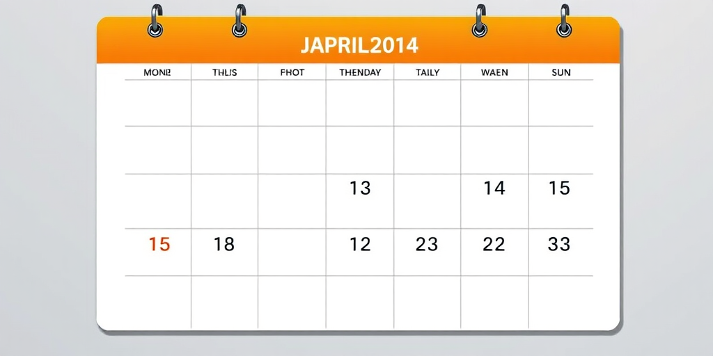 Create a high-resolution illustration of a calendar with an orange header and a grid layout, using a Canon EOS 5D Mark IV camera, f/8 aperture, 50mm lens, ISO 100, and a frontal view for clarity.