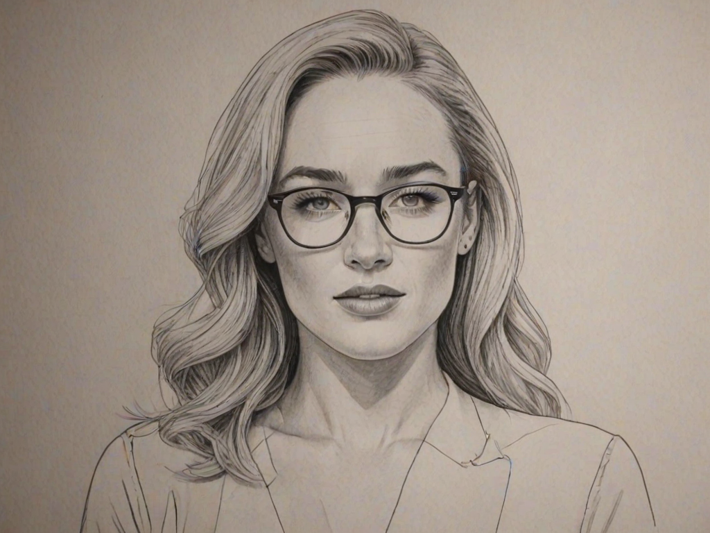 Stunning Caity Lotz, pencil sketch, portrait of Magnificent woman 1951s in glasses, hair style beatnik, outline, clear lines, fine lines, 8k