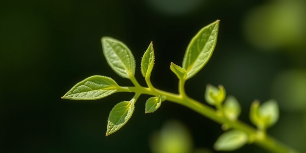 Generate a high-resolution image of a delicate green botanical illustration of a sprig with leaves, using a macro lens, f/2.8 aperture, ISO 100, 50mm focal length, shot in natural light with a shallow depth of field for enhanced detail and clarity.