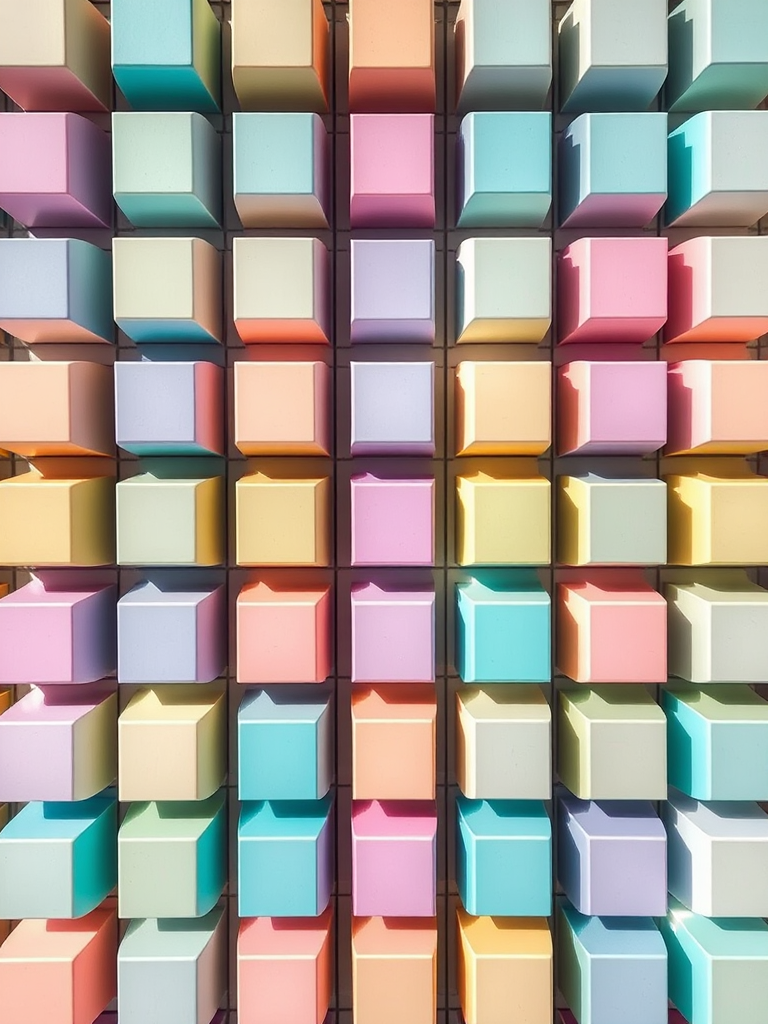 Create a colorful grid pattern with pastel squares in a repetitive design, taken with a Canon EOS R5, 50mm lens, f/8 aperture, ISO 100, in soft natural lighting to enhance clarity and detail.