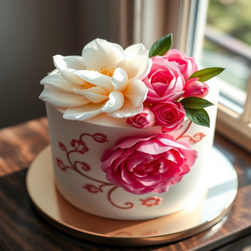 A beautifully decorated cake with intricate floral designs including peonies and a large white flower, set on an elegant round base, shot with a DSLR camera, 50mm lens, f/1.8 aperture, ISO 100, soft natural lighting from the left, 45-degree angle view, with a shallow depth of field to enhance focus on the cake details.