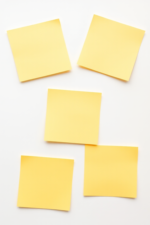 a collection of five yellow sticky notes arranged creatively on a white background, captured with a DSLR camera at f/8 aperture, 50mm lens, ISO 100, viewed from a top-down angle to enhance texture and shadow detail