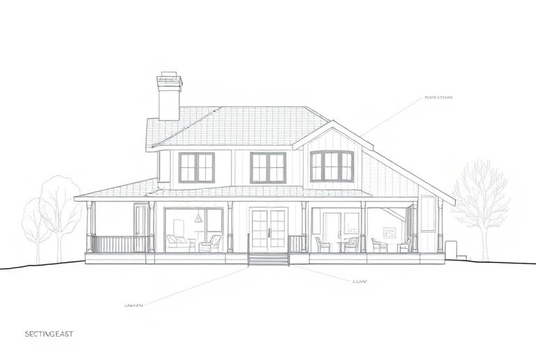Create a high-resolution architectural blueprint of a house section looking east with detailed floor plans, using a large format camera with a 50mm lens, aperture f/8, ISO 100, shot from a straight-on view to capture intricate details.