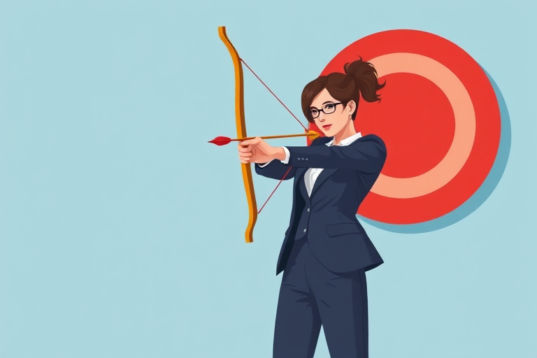 Create an illustration of a woman in a business suit, confidently aiming a bow and arrow at a large red bullseye target, with a minimalist background using soft blue tones, shot with a digital camera at f/4, ISO 100, 50mm lens, with a slight depth of field to emphasize the subject.
