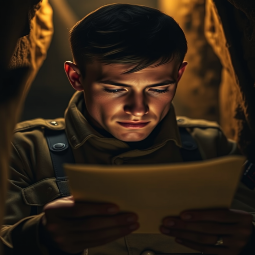 Create a highly detailed portrait of a soldier reading a letter in a dimly lit trench, with a focus on emotional expression and soft warm lighting, using a Canon EOS R5 with a 50mm f/1.2 lens, settings: ISO 200, aperture f/2.8, shutter speed 1/60 sec, and a shallow depth of field to enhance the background blur.