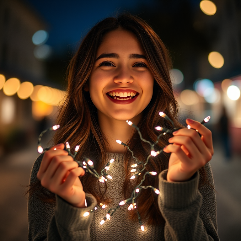 A young woman holds fairy lights with a joyful expression in a nighttime setting, use a Canon EOS R5 camera with a 50mm f/1.2 lens, aperture at f/1.2, ISO 800, shutter speed 1/100 second, shallow depth of field, soft bokeh background, warm light tones.