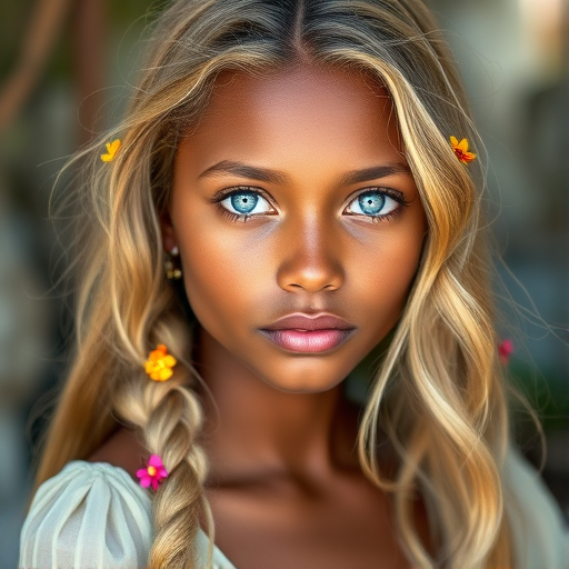 Create an image of a young Garifuna woman with long, wavy blonde hair, adorned with small, colorful flowers woven into her braids and loose strands. Her complexion is fair, with soft, glowing skin, and she has light blue eyes that gaze softly at the viewer. She wears a light, flowing dress with a gentle, ethereal quality, complementing her delicate and serene appearance. The background is slightly blurred, drawing focus to her tranquil expression and the intricate details of the flowers in her hair. The overall mood of the image is one of natural beauty and grace, evoking a sense of peacefulness and connection with nature.