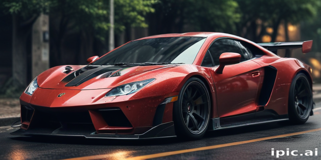 A Stunning Red Supercar Racing Through Rainy Urban Streets at Night.