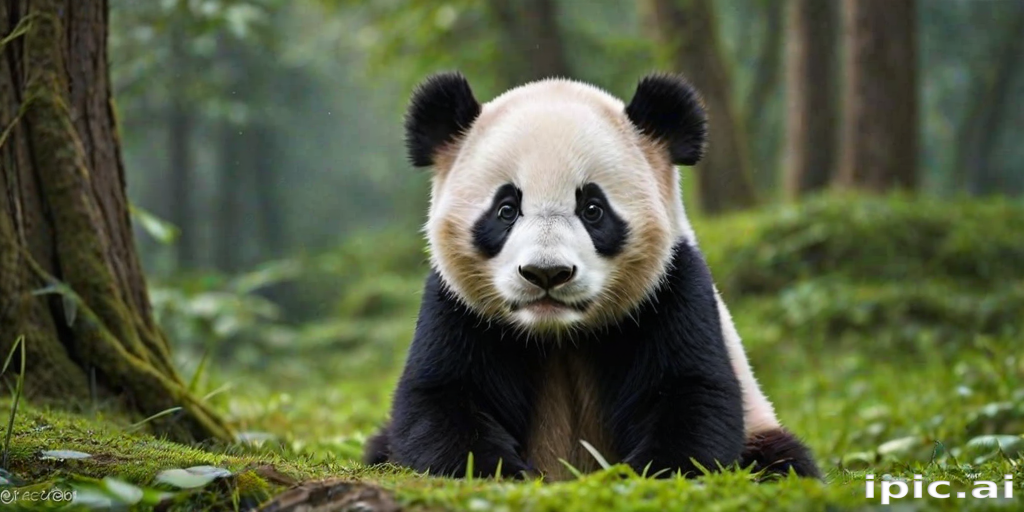 A Cute Giant Panda Sitting in a Lush Green Forest Environment.