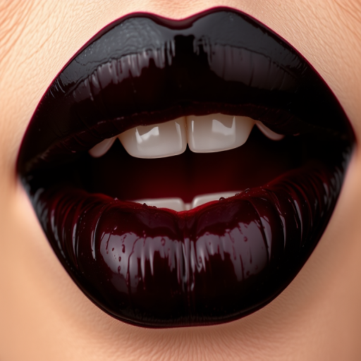 Edgy black cherry lips with a glossy finish, adding drama and intensity to any look, perfect for bold and daring expressions