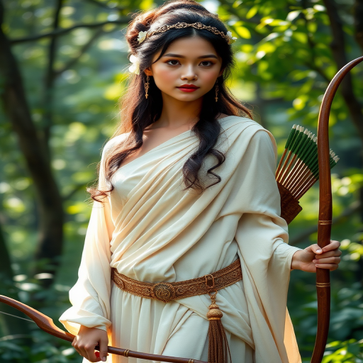 Create a portrait of a goddess-like Indonesian girl figure in a tranquil, forested environment. She has an elegant appearance with long, wavy hair styled in an updo and adorned with a delicate, floral headband. She wears a flowing, ancient Greek-inspired gown in a soft, pale color, featuring a one-shoulder design and draped fabric that accentuates her graceful form. The outfit includes a decorative belt with ornate gold detailing, and she holds a bow in her hand, with a quiver of arrows slung over her shoulder. The background depicts lush greenery, with sunlight filtering through the trees, casting a gentle, ethereal light on the scene. Her expression is calm and contemplative, embodying a sense of wisdom and serenity.