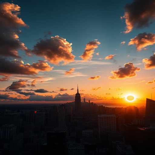 city skyline during a solar eclipse at sunset, dramatic clouds, high contrast, wide-angle view, aperture f/8, ISO 200, shutter speed 1/125s, shot with a DSLR camera, vibrant colors and sharp details