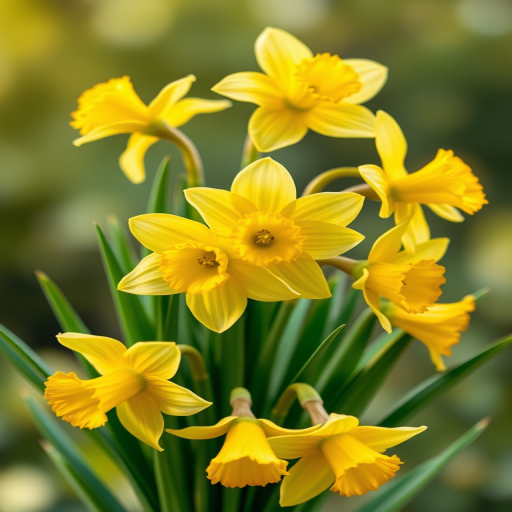 Create an illustration of a vibrant bouquet of yellow daffodils with green leaves in a soft-focus background, taken with a DSLR camera, aperture f/2.8, shutter speed 1/250, ISO 200, using a macro lens for enhanced detail and clarity.