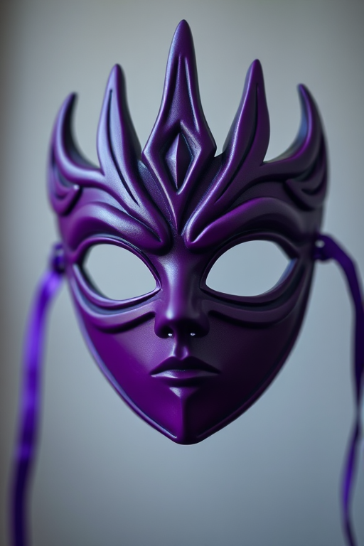 Create a high-resolution image of a purple mask with stylized edges and two eye holes, shot with a 50mm lens at f/2.8, using a soft focus background, and a DSLR camera.
