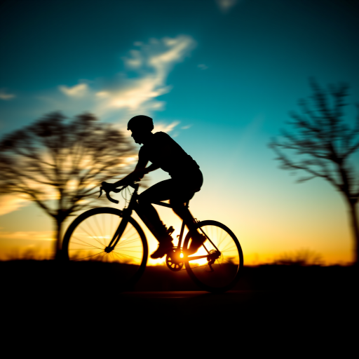 Generate a high-resolution silhouette of a cyclist in motion, captured at sunset with a Canon EOS R5, 50mm lens, aperture f/1.8, shutter speed 1/500s, ISO 100, using a slightly elevated angle for dynamic perspective and a smooth bokeh effect in the background.