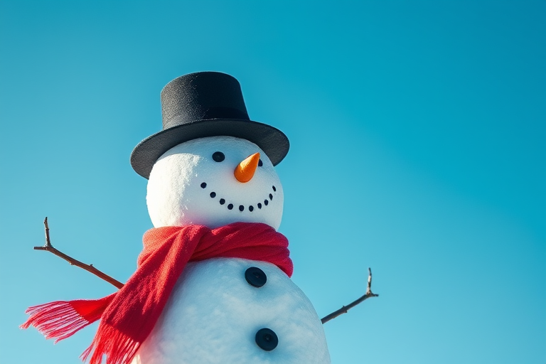 create a photorealistic image of a snowman wearing a black hat and red scarf, set against a clear blue sky, using a Canon EOS 5D Mark IV with a 50mm lens at f/2.8, ISO 100, and a shallow depth of field for enhanced clarity and quality