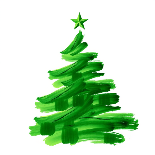 Create a high-resolution image of a stylized green Christmas tree composed of abstract brush strokes on a white background, shot with a DSLR camera at 50mm f/1.8, ISO 100, natural light, focusing on vibrant colors and sharp details.