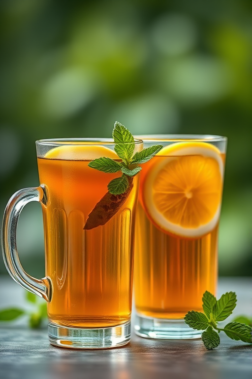 Create an image of two glass cups of tea side by side, one with a lemon slice and mint leaves, the other with a larger lemon slice and additional mint, captured in high-resolution, with a shallow depth of field to softly blur the background, using a Canon EOS R5 camera, 50mm lens, f/1.8 aperture, ISO 200, and natural daylight to enhance colors.