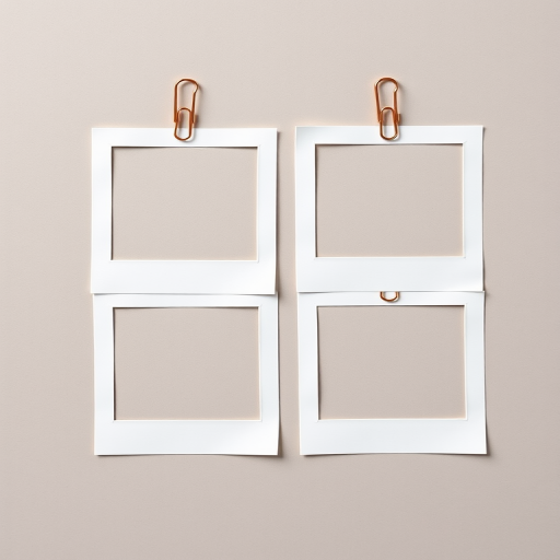 Create a set of four empty photo frames with paper clips, high-resolution, 50mm lens, f/2.8 aperture, natural lighting, top-down view, digital camera.