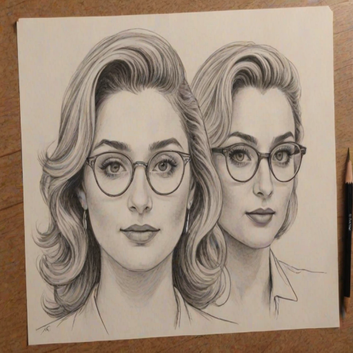 Charming Aly & AJ, pencil sketch, portrait of Resplendent woman 1946s in glasses, hair style beatnik, outline, clear lines, fine lines, 8k