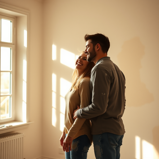 Warm, intimate image of a couple painting a room together, soft sunlight streaming through the window, splatters of paint on their clothes, and the smell of fresh paint and laughter filling the space.