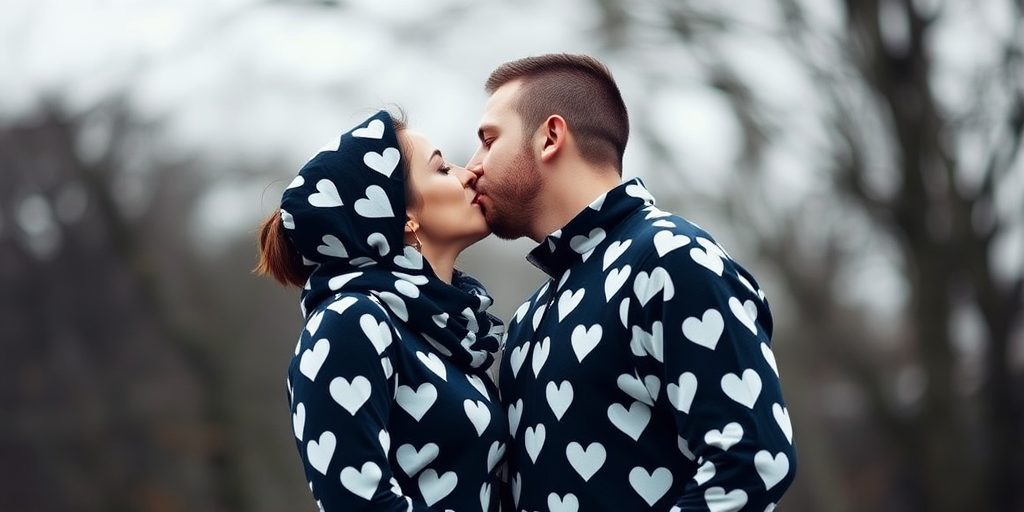 Generate an image of a couple kissing, dressed in contrasting outfits covered in black and white heart patterns, with a soft focus background, using a DSLR camera, f/2.8 aperture, ISO 100, 50mm lens, in portrait mode.