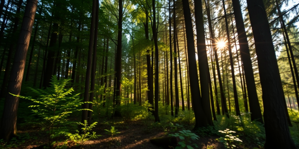 Create a high-resolution image of a tranquil forest scene with sunlight filtering through the trees, using a Canon EOS R5 camera, 24mm lens, f/8 aperture, ISO 100, and a shutter speed of 1/125 sec, shot from a low angle to emphasize the depth of the forest.