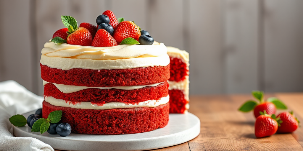 Create an image of two elegant red velvet cakes stacked with layers of cream cheese frosting and topped with fresh strawberries blueberries and green leaves on a wooden surface in a softly lit setting.