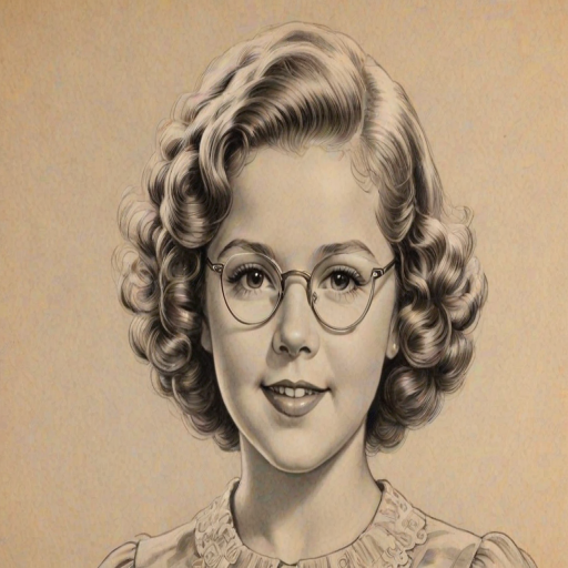 Radiant Shirley Temple, pencil sketch, portrait of Superb woman 1930s in glasses, hair style beatnik, outline, clear lines, fine lines, 8k