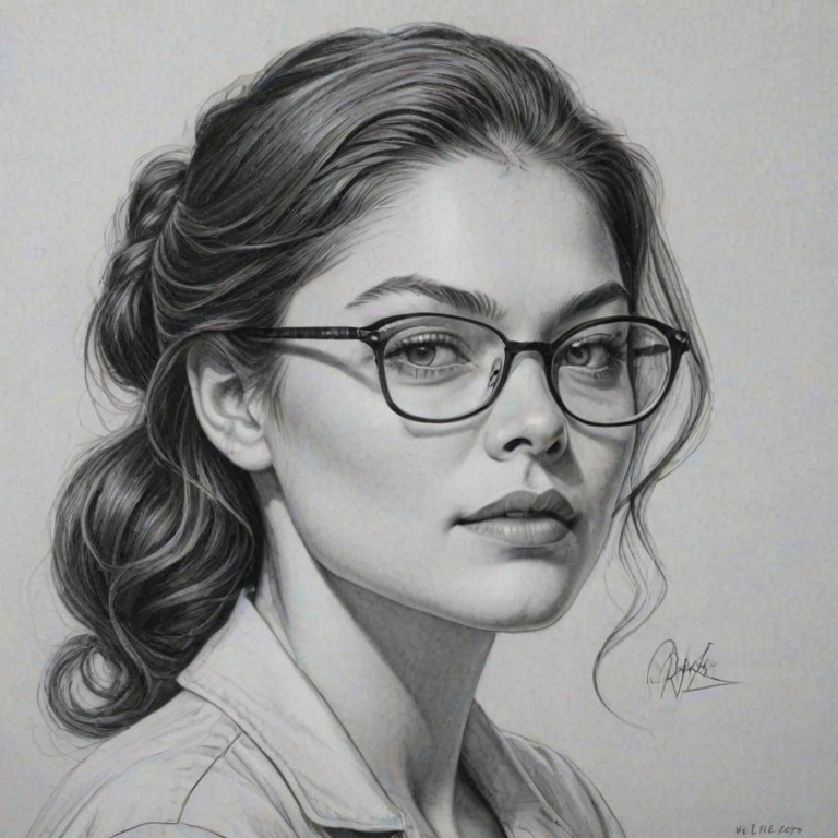 Superb Alexa Davalos, pencil sketch, portrait of Ravishing woman 1955s in glasses, hair style beatnik, outline, clear lines, fine lines, 8k