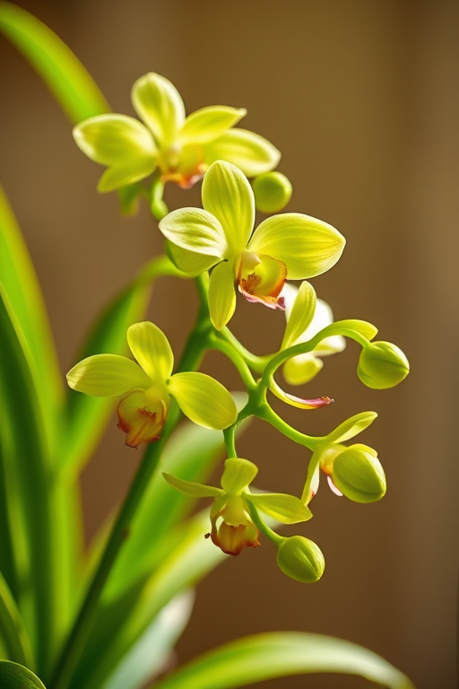 Create a high-resolution image of a vibrant orchid plant with green flowers and long leaves, captured with a DSLR camera at f/2.8, ISO 100, with a shallow depth of field and soft natural lighting, in a close-up view to enhance the details and colors.