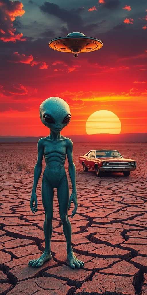 Create a surreal landscape with a cracked dry earth background under a dramatic sunset, featuring a humanoid alien standing near a vintage car, with a UFO hovering above, focus on vibrant colors and sharp detail, use a wide-angle lens at f/8, ISO 100, and a shutter speed of 1/250s to enhance clarity and depth.