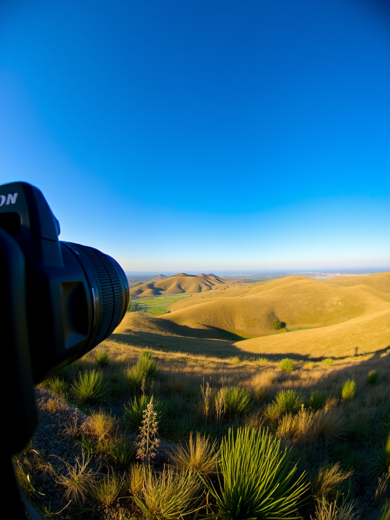 Capture a high-resolution image of a serene landscape featuring rolling hills under a clear blue sky, using a DSLR camera with a 50mm lens, aperture set to f/1.8 for a shallow depth of field, ISO 100 for optimal light quality, and a panoramic view to enhance the scenic beauty.