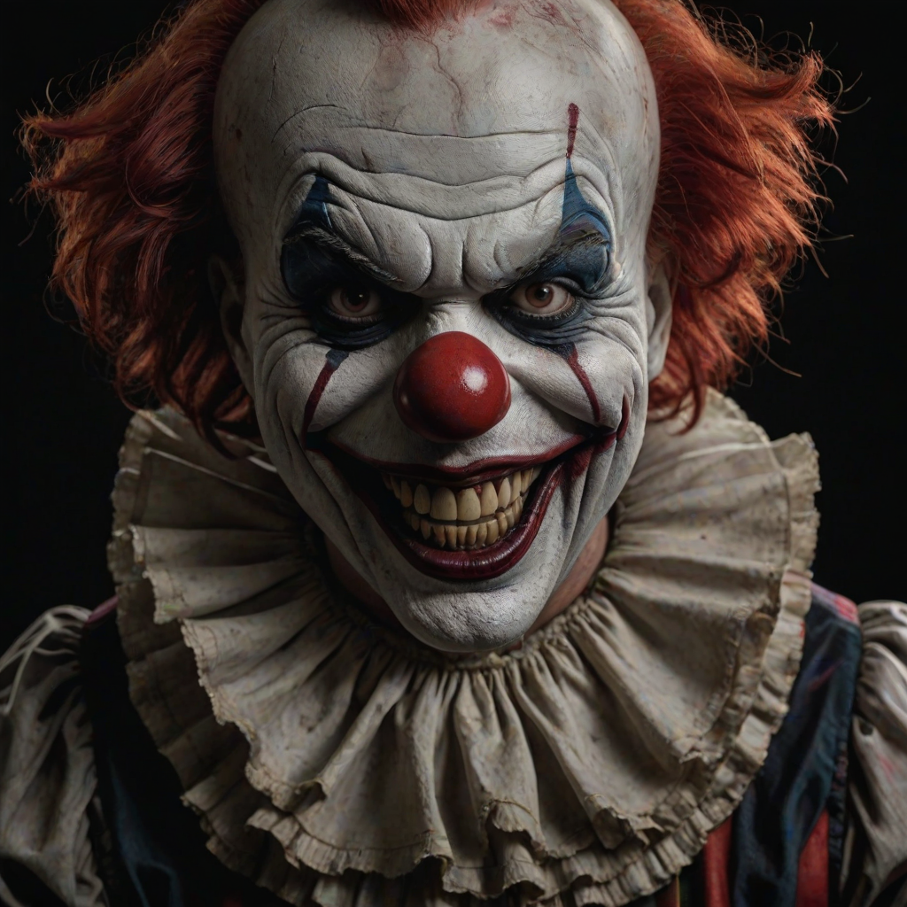 Create a hyper-realistic, dark, and eerie clown with a sinister smile, set against a black background. The clown should have exaggerated makeup with sharp, contrasting colors to enhance its menacing appearance. The overall atmosphere should be unsettling and intense, capturing a sense of horror and suspense